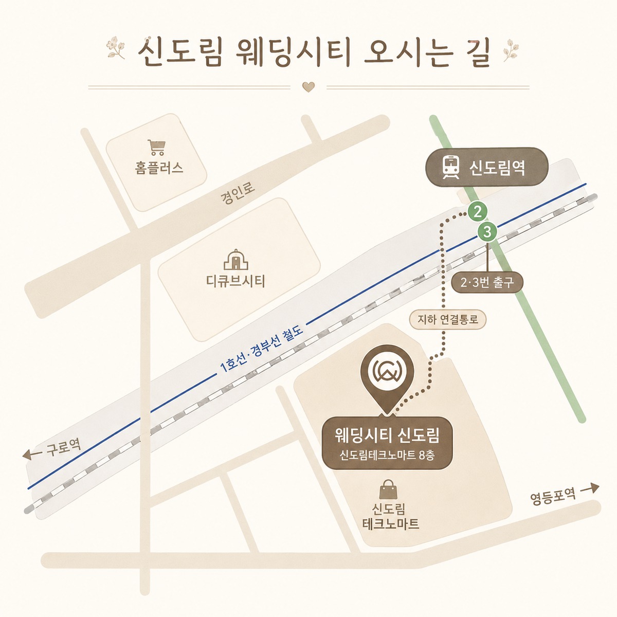 신도림 웨딩시티 오시는 길 약도 — 신도림역 2·3번 출구에서 지하 연결통로로 신도림테크노마트 8층